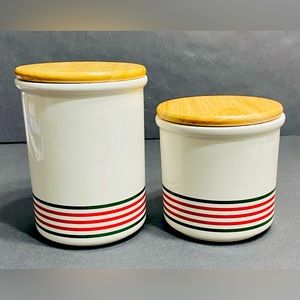 BRAND NEW White Canister Set Wooden Lids - Red/Green Stripe Design - 6.5” and 5”